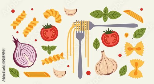 A vibrant illustration of Italian pasta ingredients including tomatoes, onions, garlic, basil, and various pasta shapes arranged on a light background.