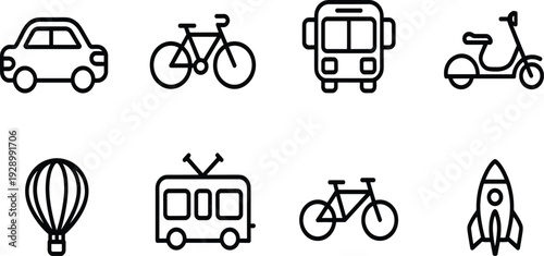 Transportation icon set with car, bicycle, bus, scooter, hot air balloon, tram and rocket ship