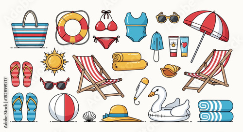 A vibrant collection of beach and summer vacation essentials, including swimwear, towels, chairs, and sun protection, perfect for a sunny getaway.
