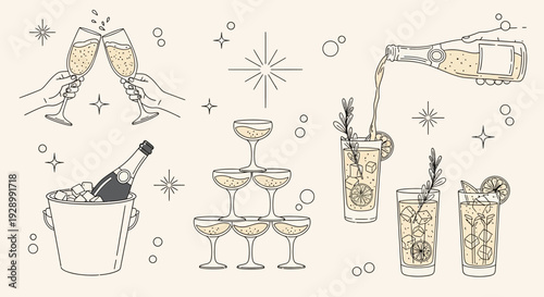 A collection of elegant line art illustrations depicting champagne bottles, glasses, and celebratory drinks.
