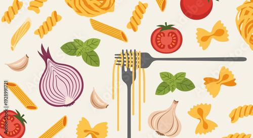 A vibrant illustration of various pasta shapes, fresh tomatoes, onions, garlic, and basil leaves scattered on a light background.