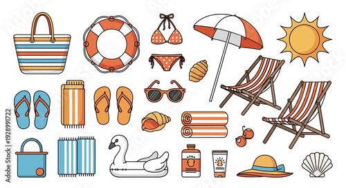 A vibrant collection of beach essentials and summer vacation items arranged on a white background.