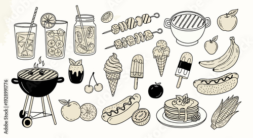 A collection of hand-drawn illustrations of summer barbecue food and drinks, including hot dogs, ice cream, fruits, and beverages.