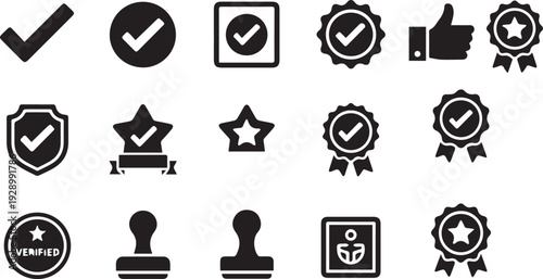 Premium Quality Assurance and Verified Approval Icon Set