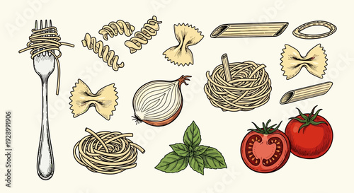 Vintage hand-drawn illustration of various pasta types and fresh ingredients like tomatoes, onion, and basil, ready for cooking.