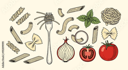 A collection of hand-drawn Italian pasta shapes, fresh tomatoes, basil, and onions, arranged on a light background.