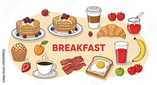 A vibrant and colorful illustration showcasing a wide variety of popular breakfast foods and drinks, including pancakes, coffee, bacon, eggs, fruit, and pastries.