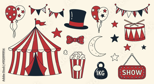 Hand-drawn collection of vintage circus elements including a big top tent, balloons, stars, and popcorn.