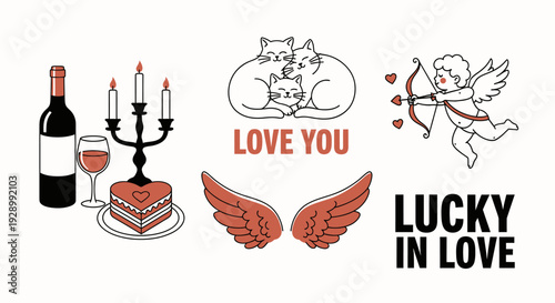 A collection of romantic illustrations including wine, cake, candles, cuddling cats, cupid, angel wings, and love phrases.