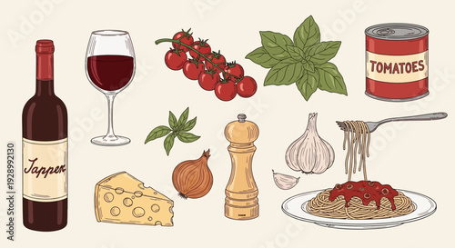 A vibrant collection of Italian food ingredients and a prepared pasta dish, featuring wine, tomatoes, basil, garlic, cheese, and onion, ready for cooking.