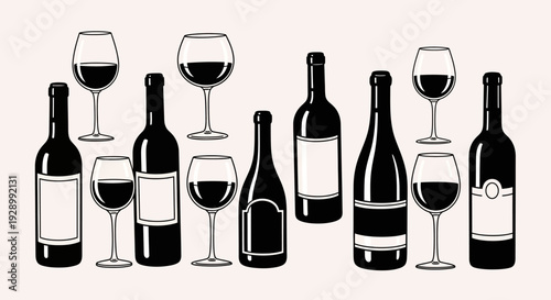 An illustration featuring various wine bottles and glasses, some filled with red wine, arranged on a light background.