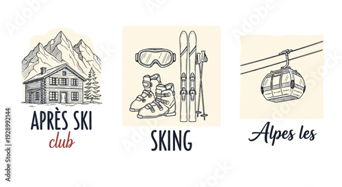 Three vintage-style illustrations depicting a mountain après-ski chalet, ski equipment, and an Alpine cable car, representing winter sports and travel.