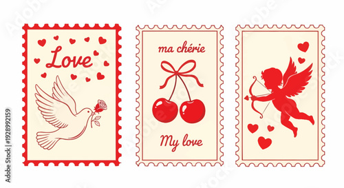 Three vintage-style Valentine's Day postage stamps featuring romantic imagery like a dove, cherries, and Cupid.