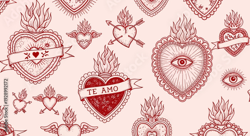 A vintage-style seamless pattern featuring sacred hearts adorned with flames, arrows, and banners, rendered in a delicate red line art on a soft pink background.