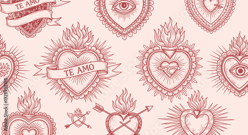 A vintage-style illustration featuring a repeating pattern of Sacred Hearts with flames and decorative elements like banners and eyes.