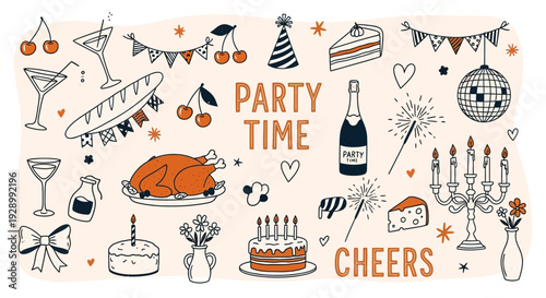 A collection of hand-drawn party and celebration doodles including food, drinks, decorations, and festive elements on a light background.