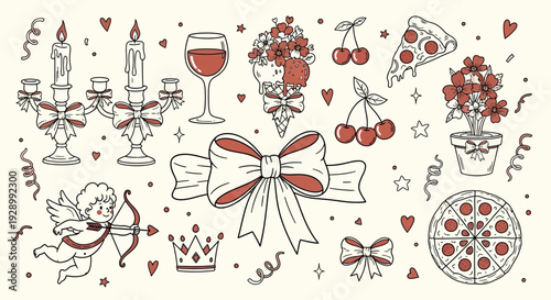 Hand-drawn collection of romantic and celebratory elements including candelabra, wine, flowers, pizza, cupid, bows, and cherries with red accents.