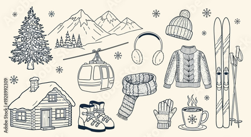 A charming hand-drawn illustration of winter mountain activities and cozy cabin life, featuring skis, a gondola, warm clothing, and a snowy landscape.