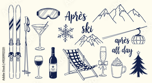 Hand-drawn sketch collection of après ski elements including skis, mountains, drinks, and winter holiday symbols.