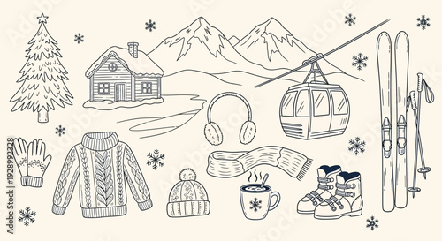 A collection of hand-drawn winter holiday and ski resort elements.