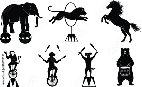 Set of circus animal silhouettes featuring elephant balancing on balls, lion jumping through hoop, bear drumming, and monkeys on unicycles,