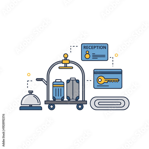 Hotel bellhop luggage cart, reception, service bell, key card.