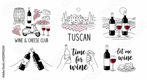 A collection of six hand-drawn illustrations depicting various wine-related themes, including vineyards, bottles, glasses, cheese, and wine club concepts.