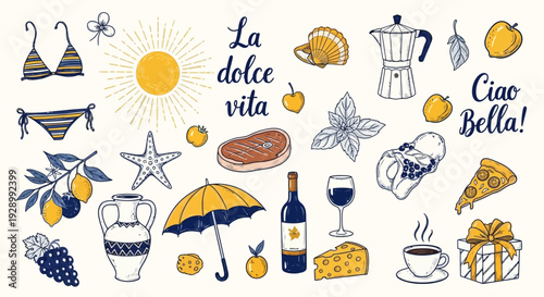 Hand-drawn collection of Italian and Mediterranean lifestyle elements including food, drinks, travel items, and common phrases.