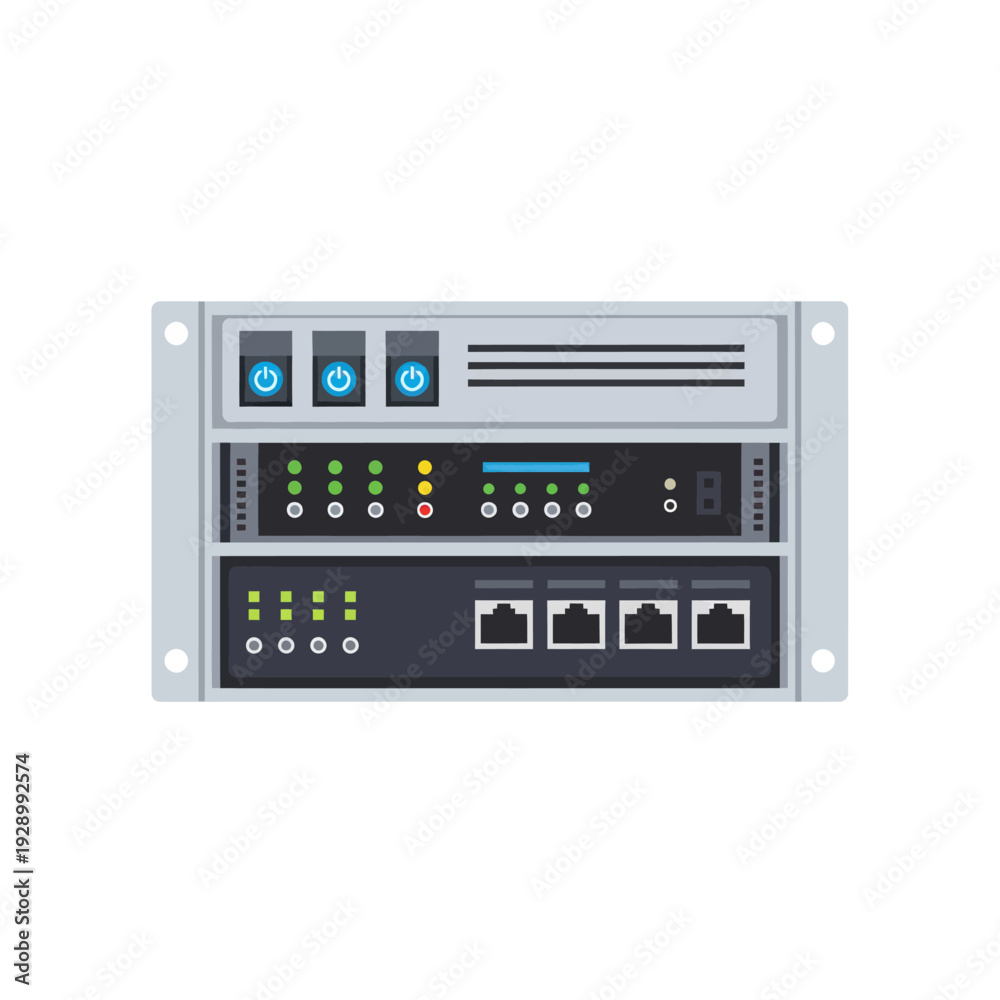 Obraz premium Network server rack unit with ports and indicator lights