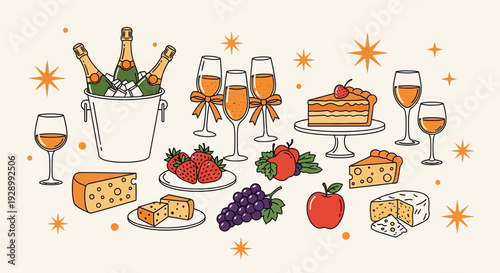 A festive spread of champagne, wine, cheeses, fresh fruits including strawberries, grapes, and apples, and delicious cake slices, all adorned with sparkling stars.