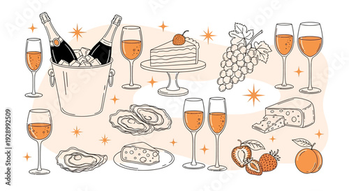 A collection of hand-drawn illustrations featuring champagne, cake, oysters, cheese, and fruits, perfect for celebration and party themes.