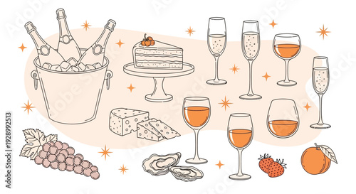 A detailed outline illustration of various celebratory food and drink items including champagne, wine, cake, cheese, grapes, and fruit.