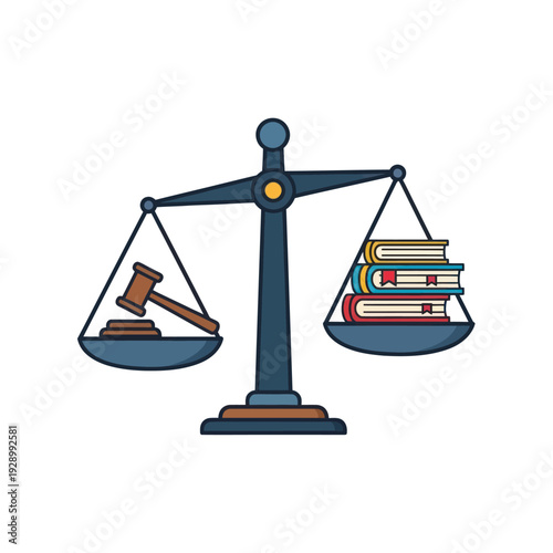 Balance scale with gavel and books representing justice and law