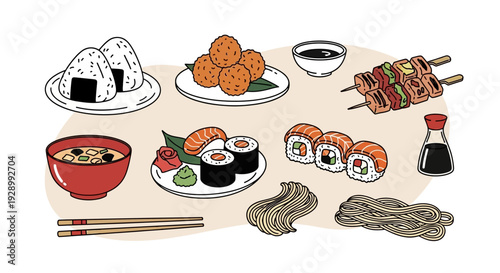 A collection of traditional Japanese cuisine dishes including sushi, onigiri, miso soup, yakitori, and noodles, served with chopsticks and soy sauce.