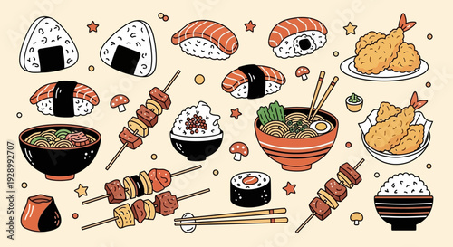 A vibrant collection of hand-drawn Japanese food illustrations including sushi, ramen, tempura, onigiri, and yakitori skewers, set against a light background.