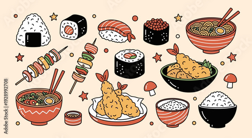 A collection of various traditional Japanese dishes and snacks, including sushi, ramen, tempura, and onigiri, in a cute cartoon style.