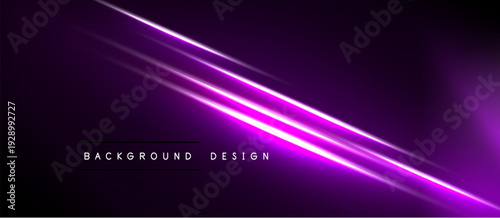 Dark purple background features bright neon lines. Diagonal streaks create dynamic visual effect. Minimalist design with text elements below.