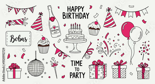 Hand-drawn doodle style birthday party celebration elements with cakes, balloons, gifts, champagne, and confetti on a light background.