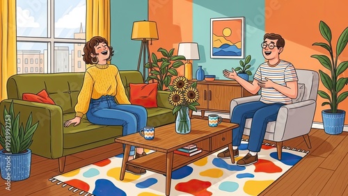 Cheerful cartoon illustration showcasing joyful interaction in a vibrant living room setting