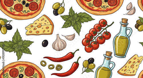 Seamless pattern of Italian food ingredients and dishes including pizza, olives, basil, tomatoes, garlic, chili, cheese, and olive oil on a white background.