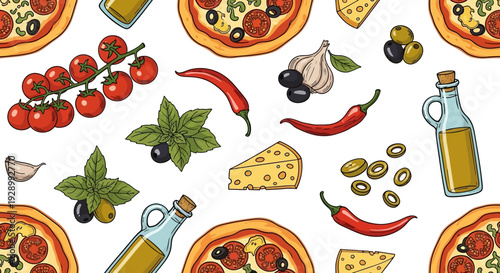 A vibrant seamless pattern featuring delicious pizza slices and various fresh ingredients like tomatoes, olives, chili, garlic, basil, cheese, and olive oil.