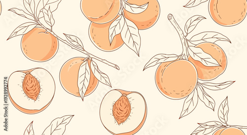 Seamless pattern with hand-drawn peaches on branches and cut peaches, featuring a light orange and brown outline design.