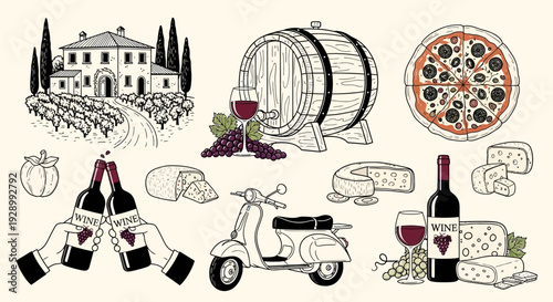 Italian culture and cuisine elements, including a vineyard, wine, pizza, cheese, and a scooter, in a hand-drawn style.