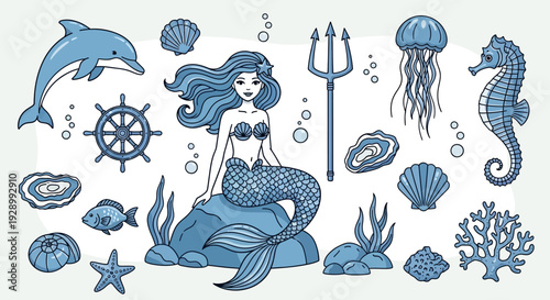 A charming collection of blue-toned cartoon sea creatures and underwater elements, including a mermaid, dolphin, seahorse, jellyfish, and various shells, perfect for ocean-themed designs.
