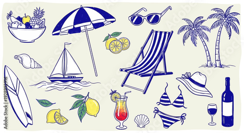 A collection of hand-drawn summer vacation icons including a surfboard, beach umbrella, deck chair, bikini, palm trees, and tropical drinks.