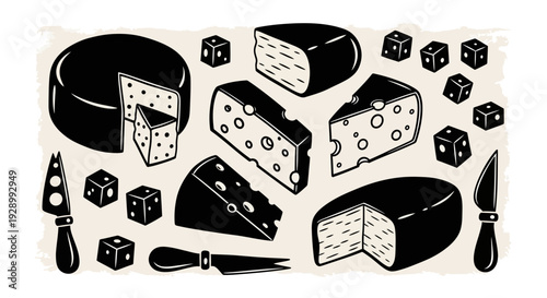 A collection of various cheese types, including whole wheels and cut wedges, along with cheese knives and dice, rendered in a black and white graphic style.
