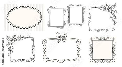 A collection of seven decorative black and white hand-drawn borders and frames with various ornate designs.