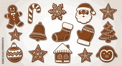 A delightful collection of festive gingerbread cookies shaped like various Christmas symbols and characters.