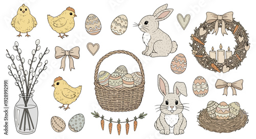 A charming collection of hand-drawn Easter-themed illustrations featuring cute chicks, bunnies, decorated eggs, a basket, a wreath, and pussy willow branches.