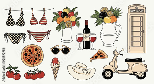 A charming collection of Italian-themed illustrations featuring a scooter, pizza, wine, and summer vacation essentials.